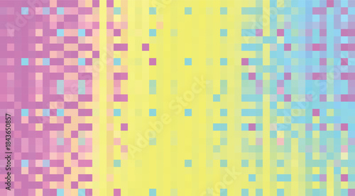 Pixelated gradients of purple yellow and blue in vertical stripes and scattered squares for