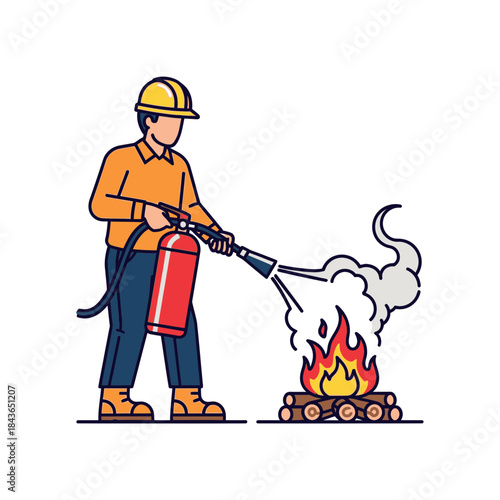 Fire Safety Worker Illustration – Construction Man Using Fire Extinguisher Vector