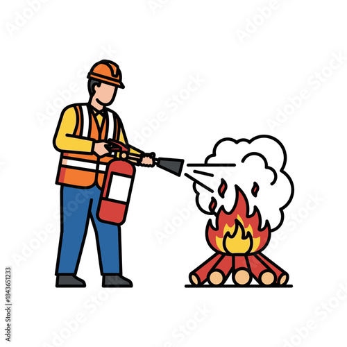 Fire Safety Worker Illustration – Construction Man Using Fire Extinguisher Vector