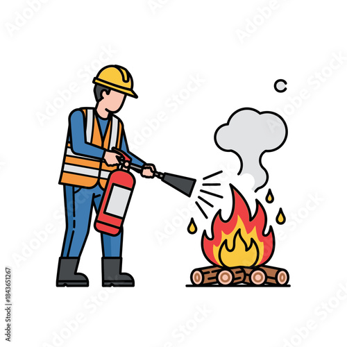Fire Safety Worker Illustration – Construction Man Using Fire Extinguisher Vector
