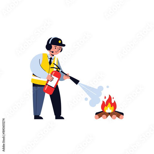 Fire Safety Worker Illustration – Construction Man Using Fire Extinguisher Vector