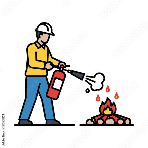 Fire Safety Worker Illustration – Construction Man Using Fire Extinguisher Vector