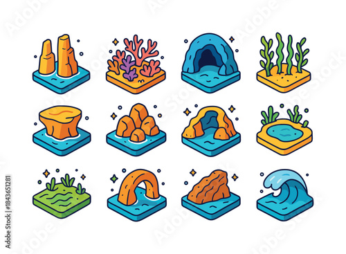 Colorful Ocean Icon Set. Ocean formations. Colorful isometric ve