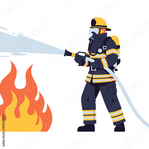 Fire Safety Worker Illustration – Construction Man Using Fire Extinguisher Vector