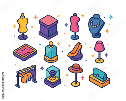 Couture Icons Display. couture displays. Colorful isometric vect