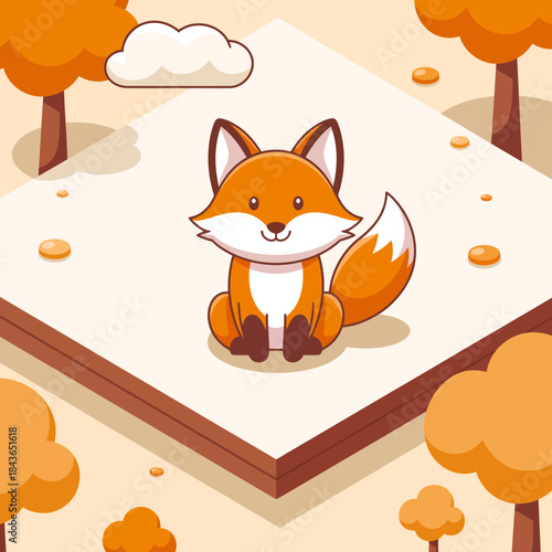 A charming, cartoon-style illustration of a cute fox sitting amidst a simplified isometric forest, inviting viewers into a whimsical world filled with playful cartoon elements.