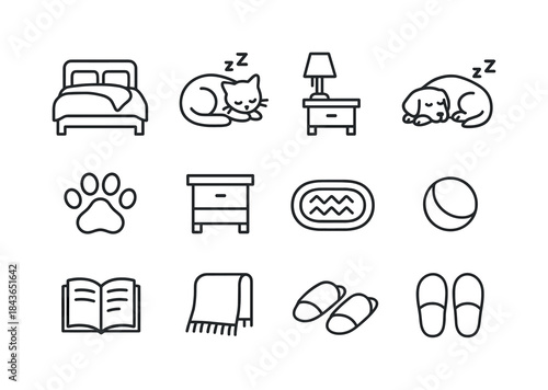 Cozy Bedroom Icons. Cozy Bedroom Scene. Line icon set of Cozy Be
