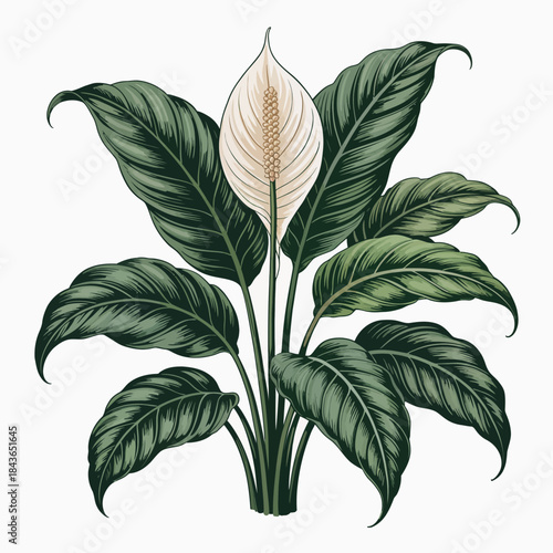 A vividly illustrated peace lily plant stands out with its elegant white flower and broad green leaves, symbolizing peace and tranquility in indoor gardening or decor.