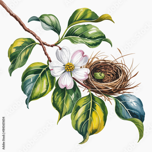 This beautiful illustration features a delicate branch adorned with a blossoming flower and a small nest, symbolizing nature's harmony and life's cycles in vivid detail.