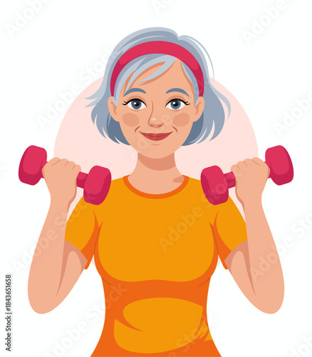 An uplifting illustration of an active senior woman joyfully lifting pink dumbbells, illustrating health, fitness, vitality, and the joy of staying active in aging gracefully.