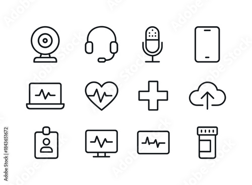 Telehealth Icon Set. Telehealth Tools. Line icon set of Teleheal