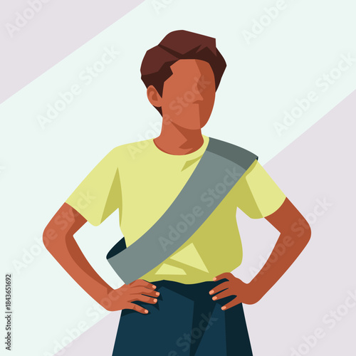 A confident young person stands with hands on hips, wearing a yellow shirt and stylish sash, embodying determination and self-assuredness in a vibrant, modern illustration.