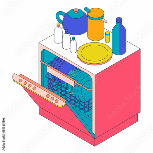 A bright and colorful dishwasher loaded with clean kitchen items, illustrating the joy of tidiness and the efficiency of modern household appliances.