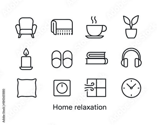 Cozy Home Icons. Home Relaxation. Line icon set of Home Relaxati