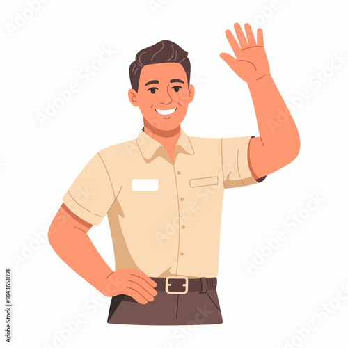 An engaging illustration of a friendly male employee in a smart shirt, smiling and waving, radiating positivity and approachability in a friendly work environment.