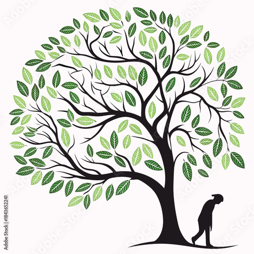 A solitary figure walks away from a large stylized tree with vibrant green leaves symbolizing growth and life against a white background