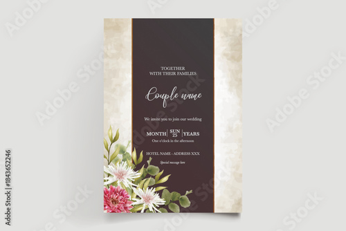 WEDDING INVITATION FRAME WITH FLOWER DECORATIONS AND FRESH LEAVES