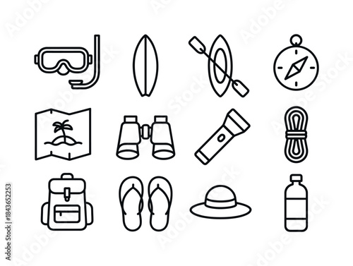 Island Icon Set. Island Adventures. Line icon set of Island Adve