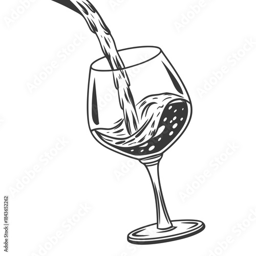 A dynamic illustration of dark liquid being poured into a clear wine glass creating a splash and ripples of refreshment