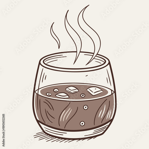 A hand drawn illustration of a steaming glass of iced coffee with ice cubes and bubbles perfect for beverage and cafe themes