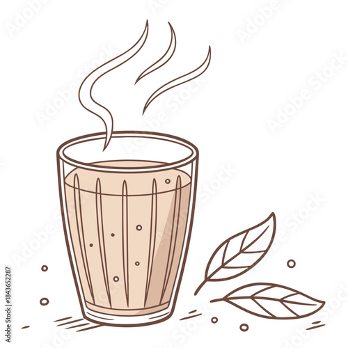 A hand drawn illustration of a steaming glass of chai tea with tea leaves and small circles scattered around on a white background