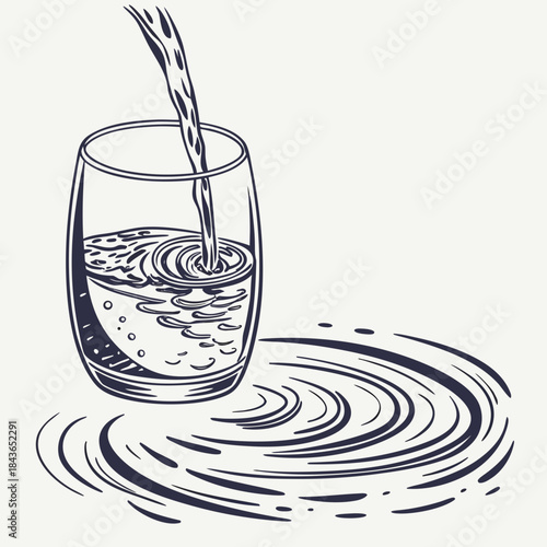 Hand drawn illustration of liquid being poured into a clear glass creating ripples and splashes on a light background
