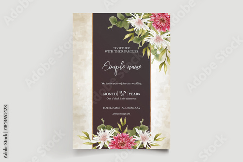 WEDDING INVITATION FRAME WITH FLOWER DECORATIONS AND FRESH LEAVES