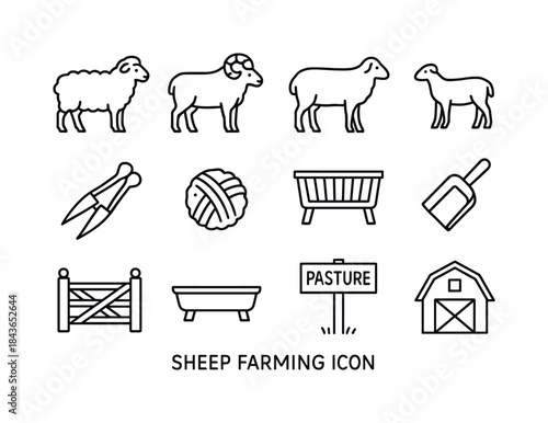 Sheep Farming Icons. Sheep farming. Line icon set of sheep farmi