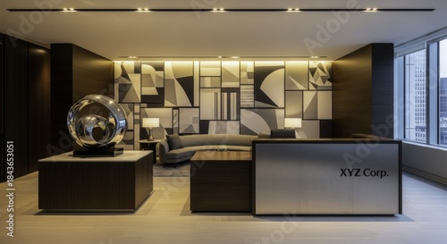 Sleek Modern Corporate Office Reception Area with Abstract Art, Reflective Sculpture, and Cityscape Views