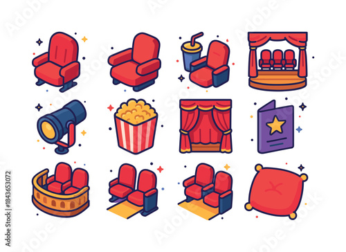 Red Velvet Icon Set. Red Velvet Seats. Colorful isometric vector