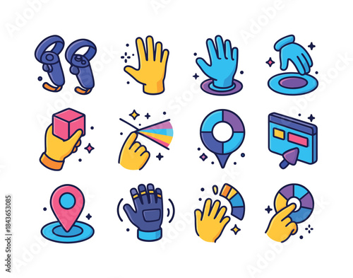 Colorful VR Icon Set. VR interaction. Colorful isometric vector