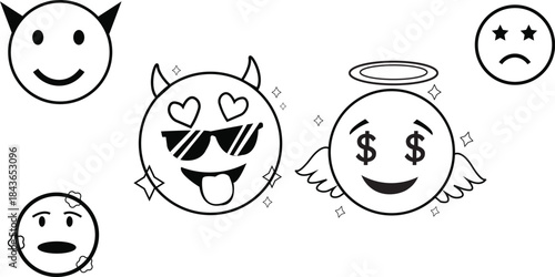 Doodle positive emoji set. Hand drawn sketch vector illustration. Pack of different expressions emoticons