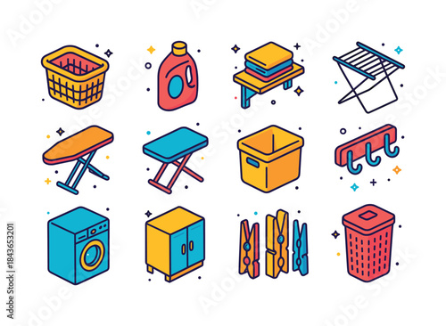 Colorful Laundry Icons. Laundry room storage. Colorful isometric