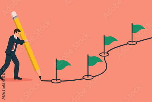 Workflow or working process, project progress, milestone or achievement tracking, work experience or roadmap concept, businessman using pencil to draw workflow line with achievement flag milestones.