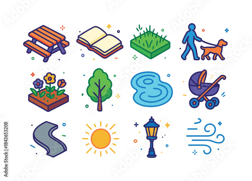 Colorful Park Art Icons. art in the park. Colorful isometric vec