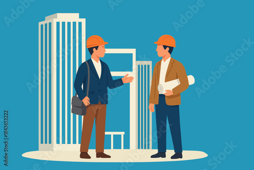 Business man shaking hands. Real estate architect and city official deal agreement. City downtown landscape with high skyscrapers piercing clouds in the sky. Flat style thin line vector illustration.