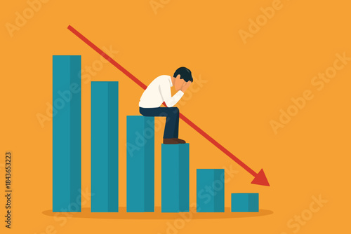 Business failure, work mistake, shame, bankruptcy or failed businessman concept, depressed businessman sitting alone on a descending graph. Successful businessman illustration.