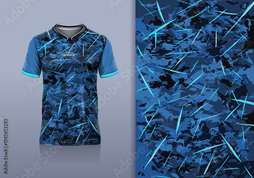 T-shirt mockup abstract texture grunge sport jersey design for football, soccer, racing, esports, running, blue black color