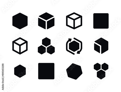 Geometric Cube Icons Set. Cube Forms. Solid icon set of Cube For