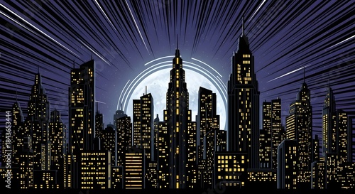 Stylized Cityscape at Night with Giant Moon and Radial Light Rays, Iconic Comic Book Urban Background