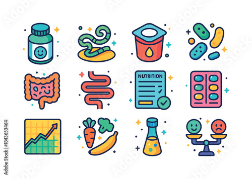 Probiotic and Prebiotic Icons. probiotics and prebiotics. Colorf