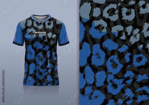T-shirt mockup abstract texture grunge sport jersey design for football, soccer, racing, esports, running, blue black color