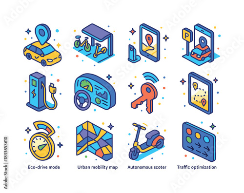 Smart Mobility Icons. Smart mobility. Colorful isometric vector