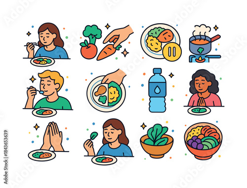 Mindful Nutrition Icons. Mindful nutrition. Colorful isometric v
