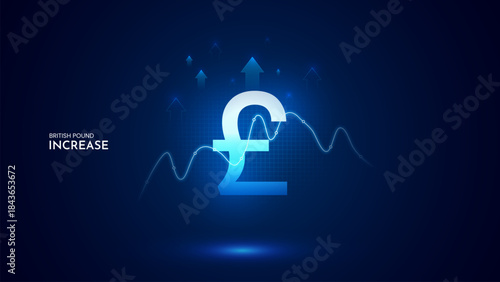 British Pound value increase with graph and blue background. British Pound increase vector illustration set. British Pound cost increase icon