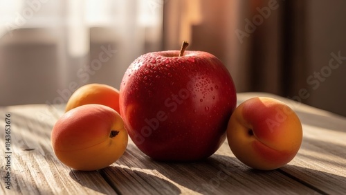 Fresh red apple surrounded by ripe apricots on a textured wooden surface in warm sunlight for Apple and Apricot Month