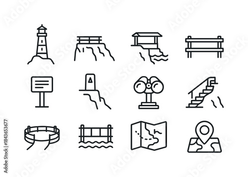 Seaside Icon Collection. Seaside Landmarks. Line icon set of Sea