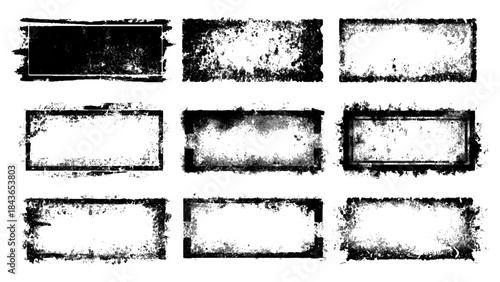 Black grungy border and frame collection with dirty paint stroke. abstract border design set with rough ink lines.