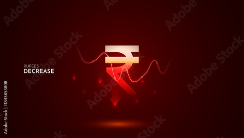 Indian Rupees value decrease with graph and red background. Rupee  decrease vector illustration set. Indian Rupee cost decrease icon