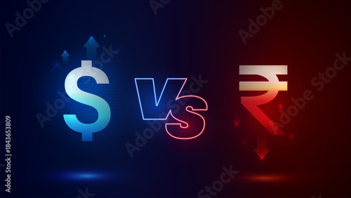 Dollar vs Rupee sign, american dollar versus indian currency, indian market crisis, rupee currency weak. United States Dollar Versus Indian Rupee Exchange Rate Concept Trading